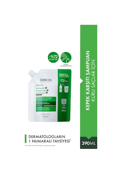Dercos Kuru Saçlar İçin Kepek Karşıtı Saç Bakım Şampuanı, Yeniden Dolum Paketi 390 Ml Kuru