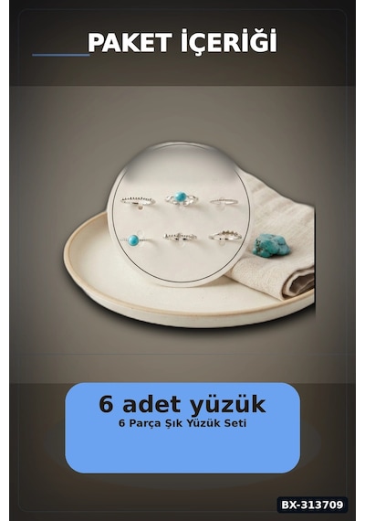 Mavi Taşlı Pirinç 6 Parça Yüzük Seti - 7-8 Numara Gümüş Renk Bijuteri Aksesuar Bx-313709 Çok Renkli