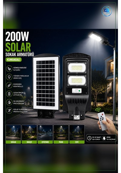 Solar Sokak Lambası 200 W K Sensörlü Kumandalı Güneş Enerjili Led