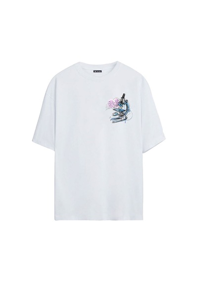 Thewert Unisex Grafiti Mikroskop Baskılı Beyaz Oversize Tshirt