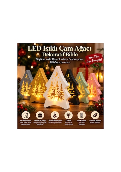 Led Işıklı Çam Ağacı Dekoratif Biblo Geyik Ve Yıldız Desenli Yılbaşı Dekorasyonu, Pilli Gece Lambası - Mavi Açık