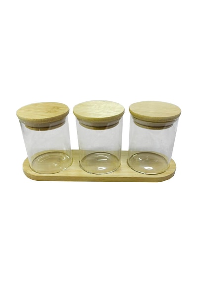 Bambu Standlı 3 Lü Mini Baharatlık Seti Vakum Kapaklı Kavanoz 7x6 Cm Stand 22x7 Cm Şeffaf