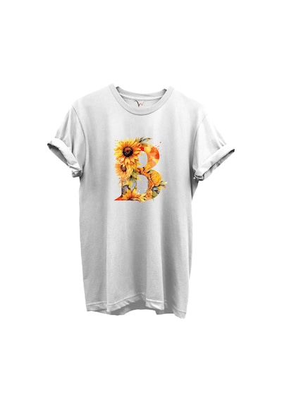 Ayçiçek Desenli B'' Harfi Baskılı %100 Pamuk Regular Fit Unisex T-shirt Beyaz