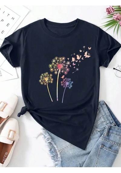 Flood Of Style Kadın Lacivert Karahindiba Baskılı Oversize