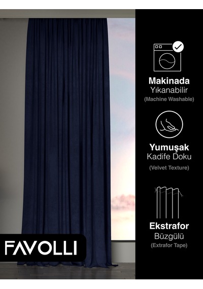 Br Favolli Kadife Dokulu Lacivert Ada Fon Perde Ekstrafor Büzgülü Dream Series Lacivert