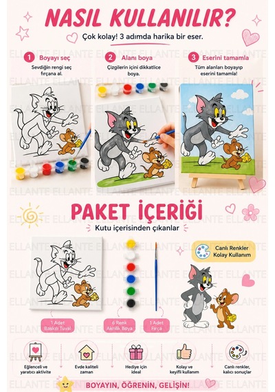 Tom & Jerry Baskılı Boyama Tuvali Seti 20x20 Cm 6 Renk Akrilik Boya + Fırça Dahil Çocuklar İçin