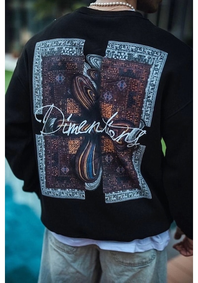 Uzun Kol Bisiklet Yaka Ön Ve Arka Baskılı Sweatshirt - Siyah Siyah