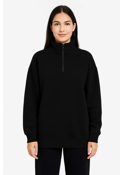 Mbb E-ticaret Kadın 3 İplik Pamuklu Dık Yaka Yarım Fermuarlı Sweatshirt - Siyah