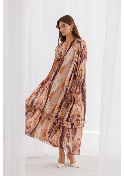Desenli Mizalle Floral Detaylı Maksi Elbise Çok renkli