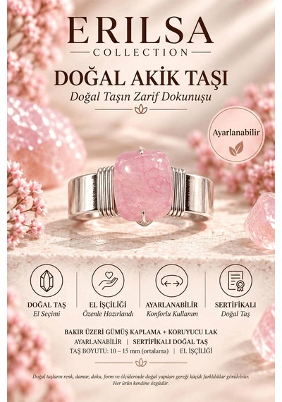 Sertifikalı Açık Pembe Akik Taşı Doğal Taş Yüzük Gümüş Kaplama Ba Çok renkli