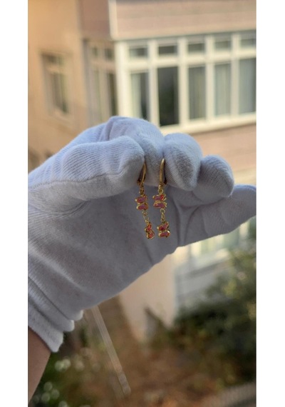Kadın Gold Renk Sallantılı Pembe Kelebek Model Küpe Gold