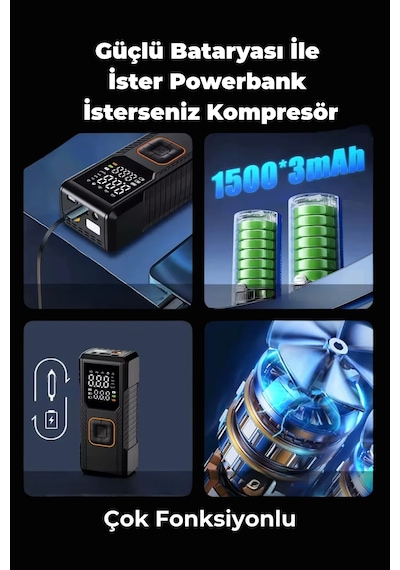 Dijital Göstergeli Led Işıklı Taşınabilir 4500mah Araç Lastik Şişirme Hava Kompresörü Siyah