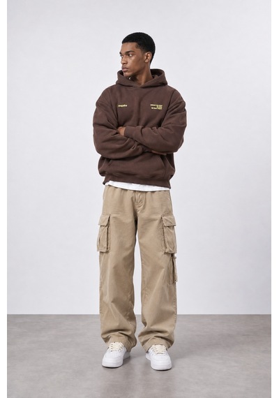 Respire Erkek Notbasic Baskılı Oversize Hoodie Kahve