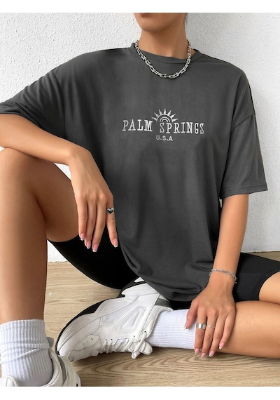 Flood Of Style Kadın Füme Palm Sprıngs Baskılı Oversize Gri