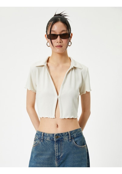 Koton Crop Polo Tişört Kısa Kollu Slim Fit Ekru 4sal10802ık Ekru