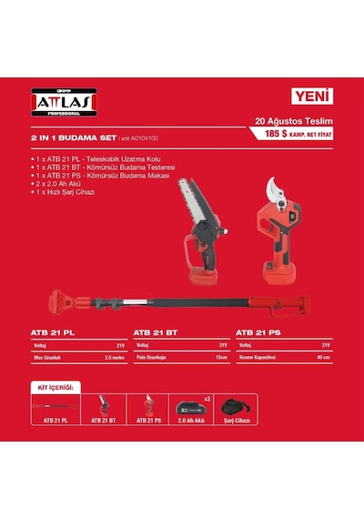 Attlas Atb 21 3'lü Bahçe Seti Teleskobik Sap + Budama Testeresi + Budama Makası A0104100