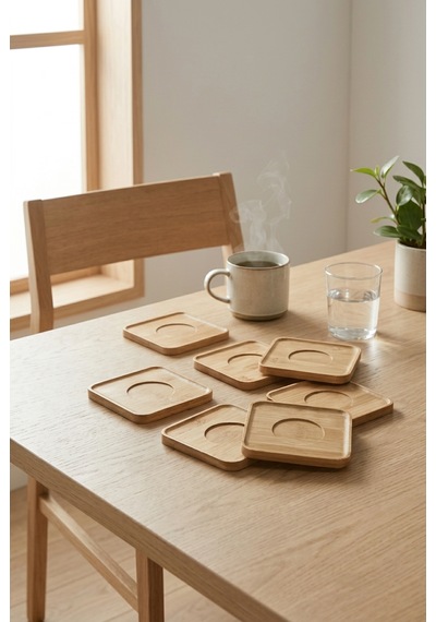 Bambu Kare Çay Tabağı Ve Altlığı Seti 6'lı Ahşap Bardak Altlığı & Çay Sunumluğu 00104