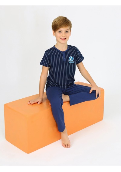 Vitmo Erkek Çocuk Kısa Kollu %100 Pamuklu Düğme Detaylı Sailboat Pijama Takımı İndigo