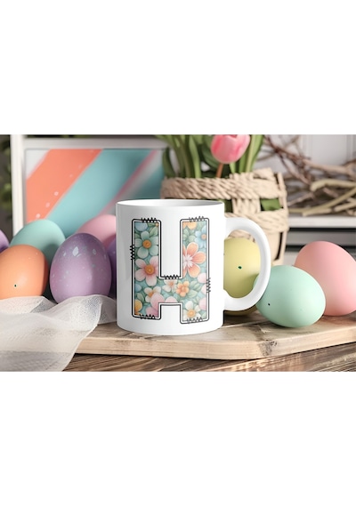 H Harfli Pastel Çiçek Desenli Kahve Kupası - Kişiye Özel Çiçekler Koleksiyonu Bardak - Hediye Beyaz