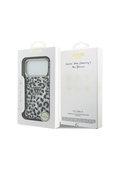Apple iPhone Uyumlu 18 Pro Kılıf Guess  Lisanslı M-safeli Üçgen Logolu Simli Leopar Desenli Kapak Siyah