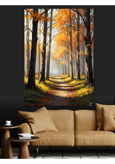 Ahşap Tablo Sonbahar Ormanında Işıklı Bir Yol