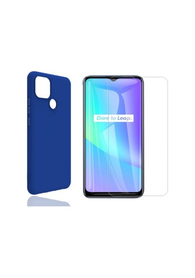 Oppo Realme C25 Yumuşak Soft Silikon Telefon Kılıfı Ve Temperli Cam Ekran Koruyucu Seti Mavi