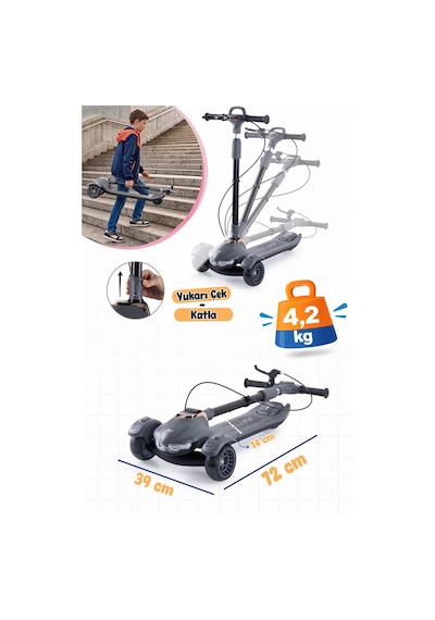 Prego Veyron Bluetoothlu Müzikli Işıklı Çocuk Scooter Katlanabilir - Yükseklik Ayarlı Gri