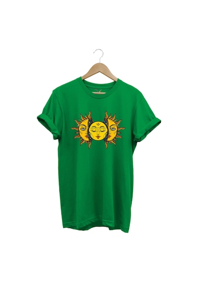 Güneş Baskılı %100 Pamuk Regular Fit Unisex T-shirt Yeşil