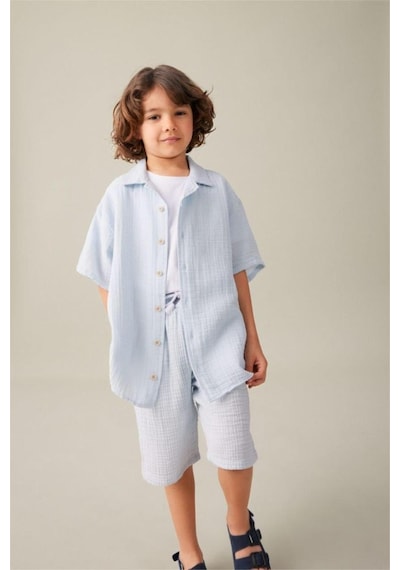 Defacto Erkek Çocuk Oversize Geniş Kalıp Polo Yaka Müslin Kısa Kollu Gömlek W3239a625hsbe174 Mavi