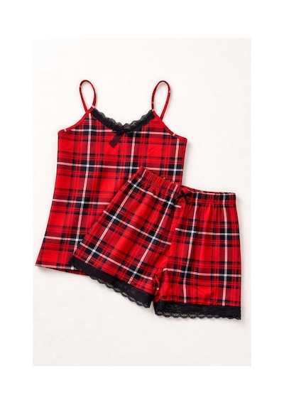 Tenra Kadın Kırmızı Ekose İp Askılı Şortlu Pijama Takımı Dantel Detaylı