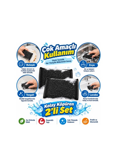 Telli Bulaşık Süngeri 2 Adet, Zorlu Lekeler İçin Köpüren Sünger