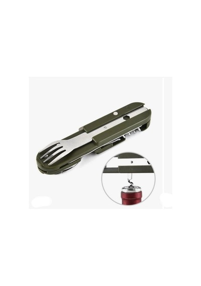 Knivox Çok Fonksiyonlu Paslanmaz Çelik Kamp Çakısı - Çatal Kaşık Açacaklı Outdoor Set Haki