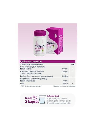 Sidrex Milk Thistle Complex Deve Dikeni Eki ve Enginar Eki İçeren Takviye Edici Gıda 60 Kapsül