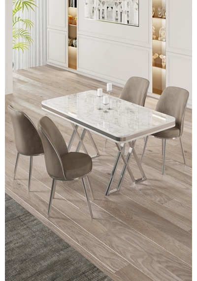 Canisa Vals Serisi 80x130 Lak Panel Beyaz Mermer Desen Masa Takımı Krom Ayaklı 4 Cappucino Sandalye Beyaz Mermer Desen Masa Cappucino Sandalye Canisa Vals Serisi 80x130 Lak Panel Beyaz Mermer Desen Masa Takımı Krom Ayaklı 4 Cappucino Sandalye Beyaz Mermer Desen Masa Cappucino Sandalye