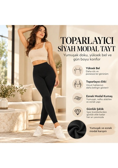 Bezos Kadın Modal 3'lü Tayt Yüksek Bel Esnek Rahat Günlük Spor - Siyah Agc