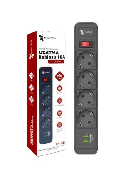 Akım Korumalı 2 Usb Li 3 Lü Priz Açma Kapama Anahtarlı 2 Metre Ka