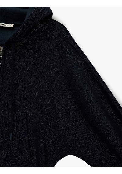 Koton Şardonlu Balon Kol Simli Kanguru Cepli Kapüşonlu Fermuarlı Oversize Sweatshirt Lacivert 6sal10620ık Lacivert