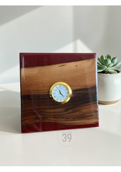 Classic Ceviz & Epoksi Masa Saati 3,5 Cm Altın Kaplama Quartz Mekanizma Tasarım Masaüstü Saat 15x15 Cm Çok Renkli