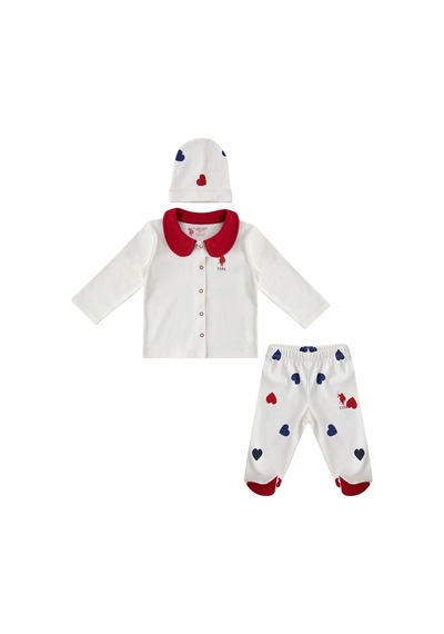 U.S. Polo Assn. Ekru Çırçıtlı Kalp Desenli Bebek 3lü Takım Vanilya