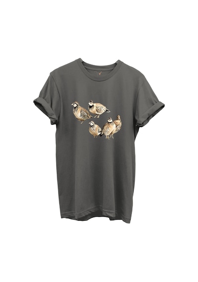 Beşli Keklik Baskılı Doğa Ve Av Temalı %100 Pamuk Regular Fit Unisex T-shirt Gri