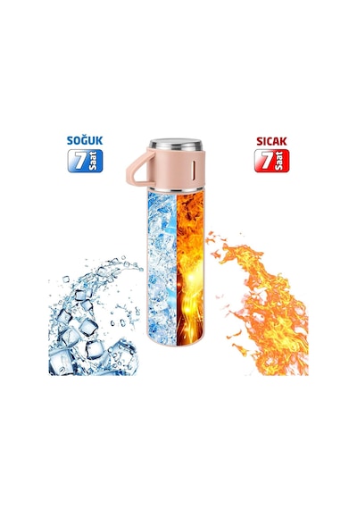 6006 Kupa Bardaklı Paslanmaz Çelik Termos Seti 500 Ml Pembe