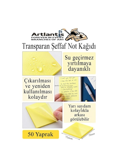 Beyaz Yapışkanlı Şeffaf Not Kağıdı 50 Yaprak 3 Paket Kare Transparan Postit 75x75 Mm Yarı Saydam İşaretleyici Aydınger