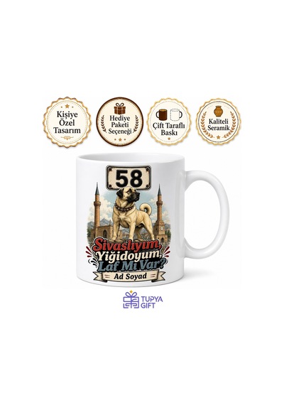 Sivas 58 Plaka Kangal Köpeği Yiğidolar Esprili Kupa Bardak Hediye Beyaz / Çok Renkli