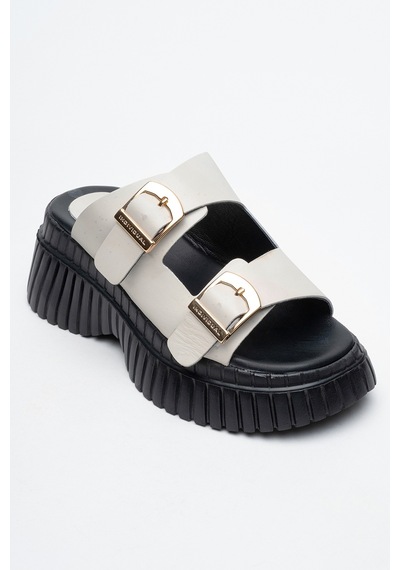 Luvishoes Luvi Shoes Joanes Ekru Cilt Hakiki Deri Çift Bantlı Kadın Dolgu Taban Terlik Ekru