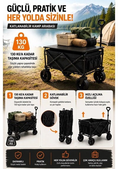 Ers Piknik Kamp Arabası Masalı Geniş Tekerlekli Taşıma Ve Yük Arabası 130 Kg