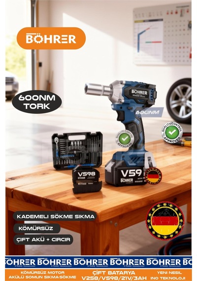 Alman Designe 600 Nm +cırcır 40 Parça Çift Akülü Kömürsüz Akülü Somun Sıkma Sökme Makinesi