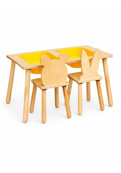 Wood&joy Çift Bölmeli Duyusal Aktivite Merkezi ve 2 Sandalye Seti Sarı