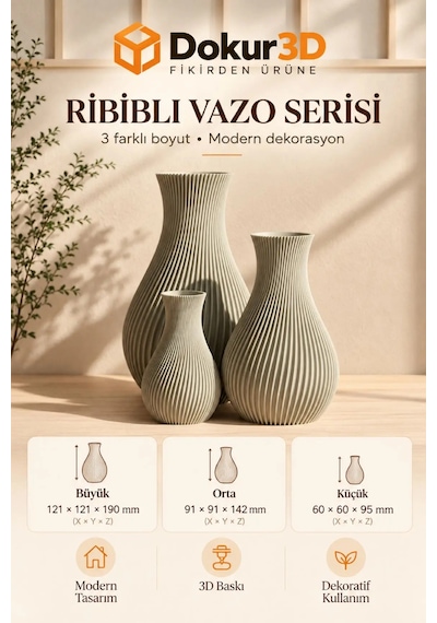 Ribibli Vazo 3lü Seti Bej Bej