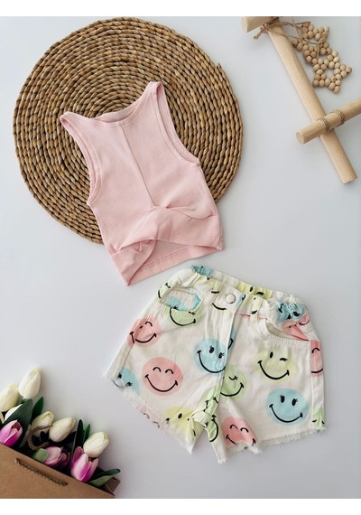 Miniğimin Cicileri Smile Desen Şortlu Croplu Kız Çocuk Takım - Pembe Pembe