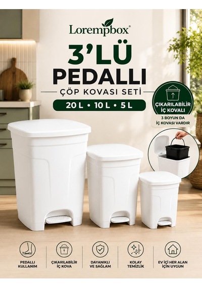 Tr Lorempbox 3'lü Pedallı Çöp Kovası Seti 20 L + 10 L + 5 L Çıkarılabilir İç Kovalı Diğer